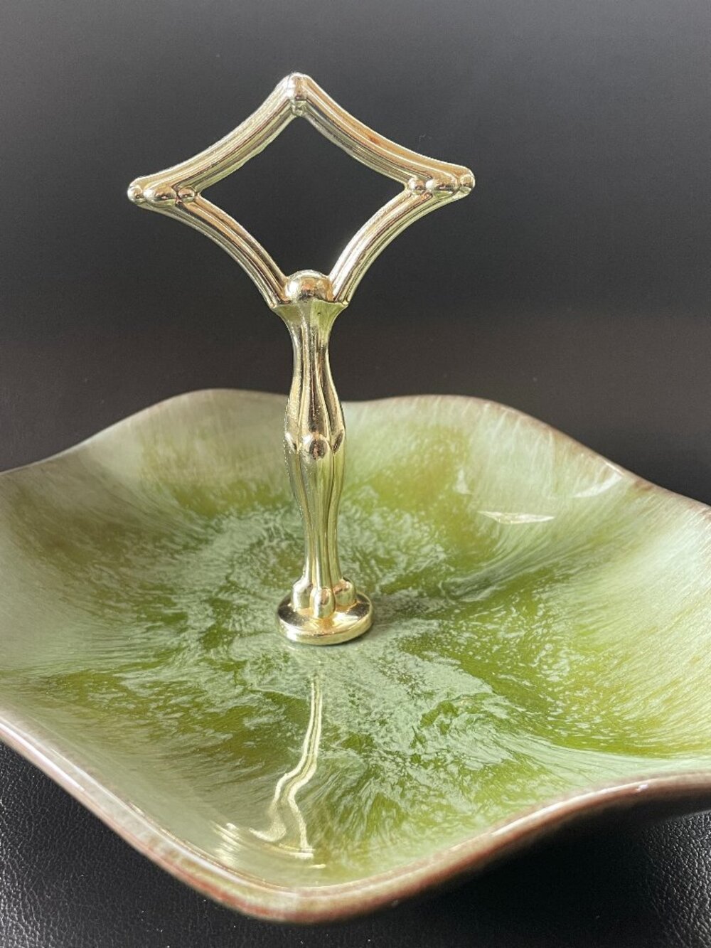 Blue Mountain Pottery Rare Green Drip 70's Candy Dish w/ Handle
